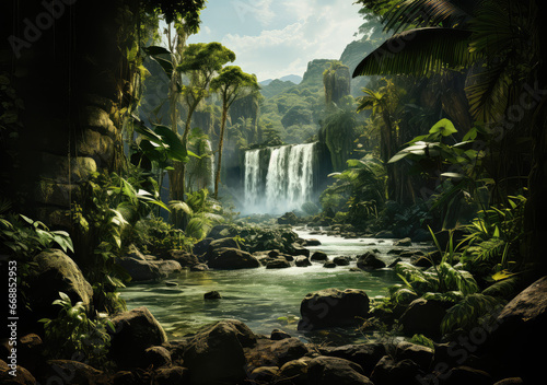 A Waterfall in Tropical Jungle Poster  Capturing the Lush Serenity and Flowing Elixir of Nature s Secluded Retreat  Crafted by Generative AI