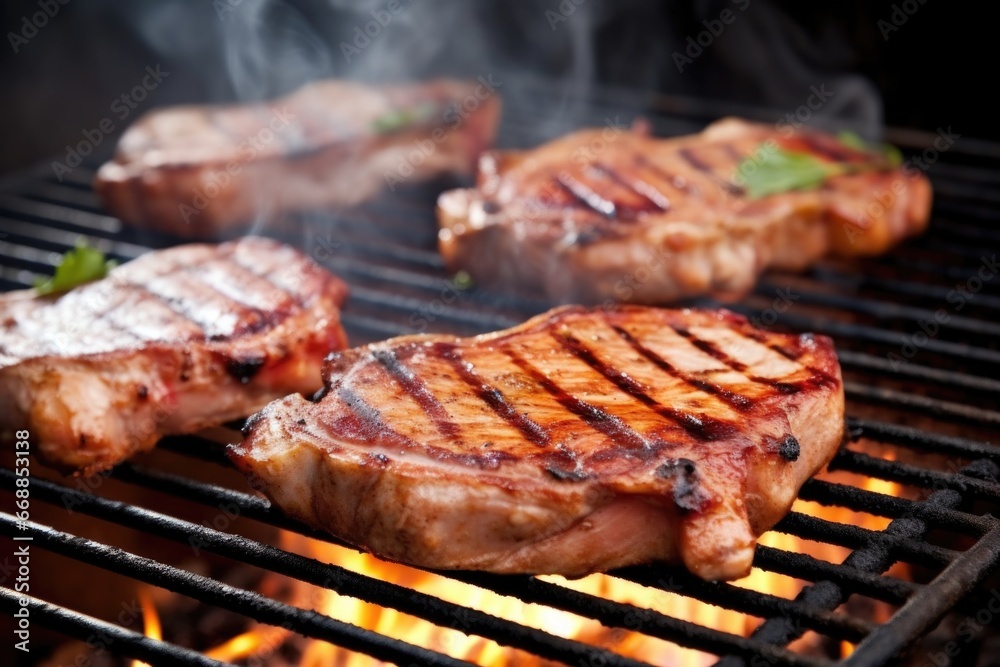 pork chops on a bbq grill with smoke rising pork chops on a bbq grill with smoke rising