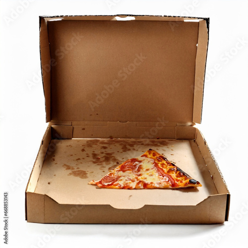 Last slice of pizza in a greasy box photo