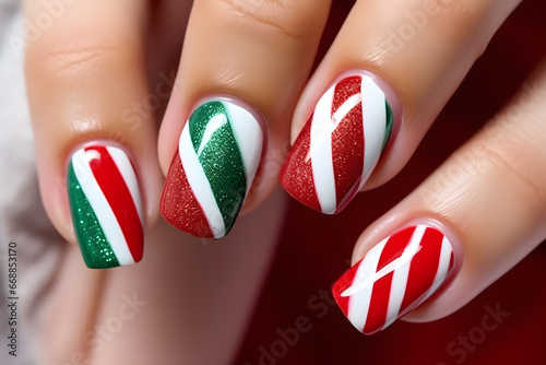 Woman's fingernails with striped green, red and gold colored nail polish with seasonal Christmas themed design.