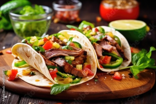 soft tacos with grilled bbq meat and fresh veggies