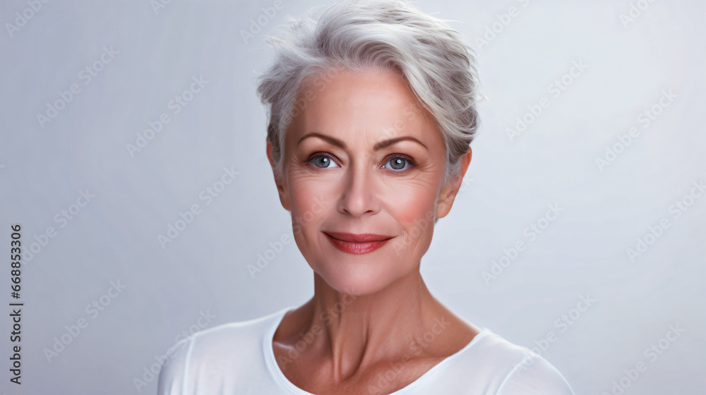 Beautiful gorgeous 50s mid age beautiful elderly senior model woman with grey hair laughing and smiling. Mature old lady close up portrait. Healthy face skin care beauty,  - obrazy, fototapety, plakaty 