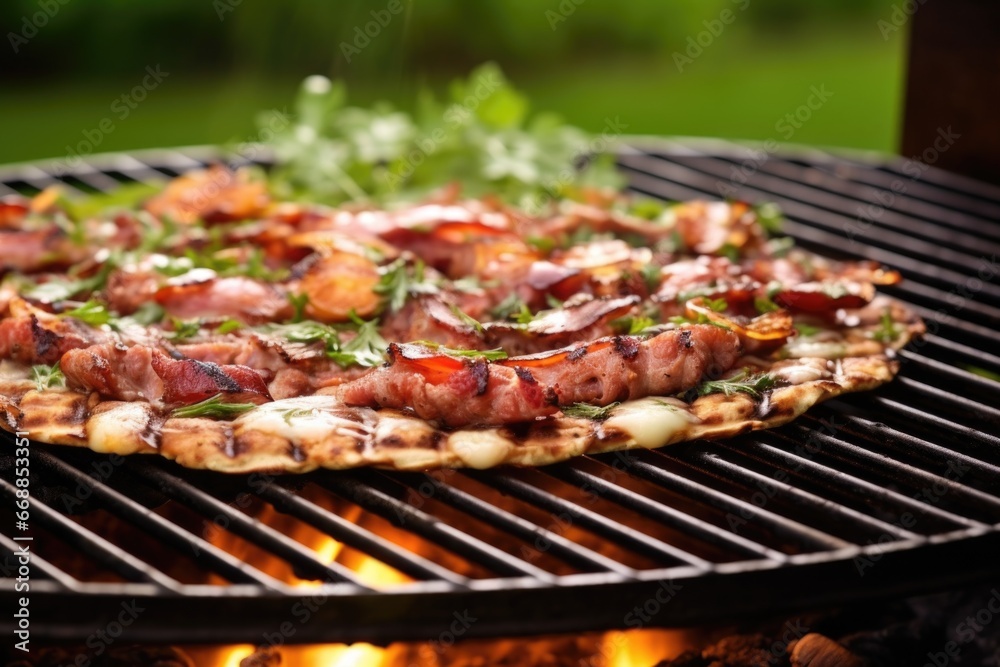 bbq pizza with thinly sliced meat on a hot grill