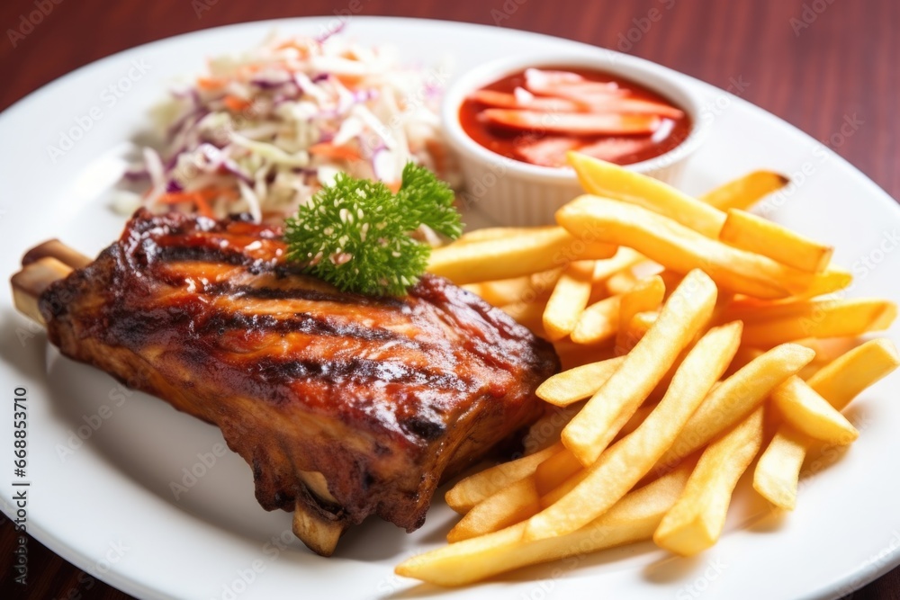 barbecued ribs with fries and coleslaw served in a white ceramic dish