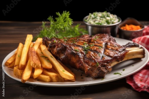 partial view of bbq ribs decorated with parsley, coleslaw, and fries