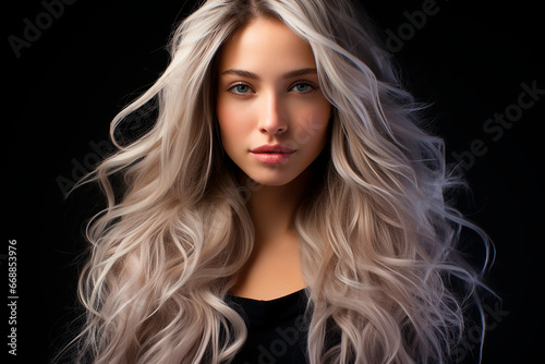 A young woman with long blond hair poses against a black background. Careless styling, curls on long ash blonde hair.