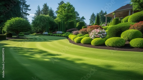 Beautiful landscaping in the park with green lawn and trees. © Sariyono