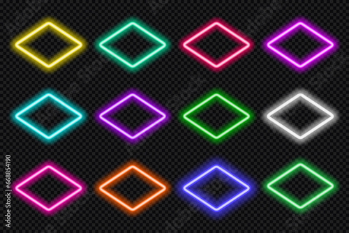 Neon frame rhombus set. Glowing coloful rounded diamond borders. Geometric shape action button UI elements with copy space. Purple, blue, pink, yellow, green, red text boxes. Vector illustration