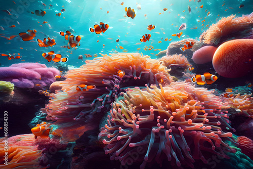 Clown anemonefish and coral reef underwater scene