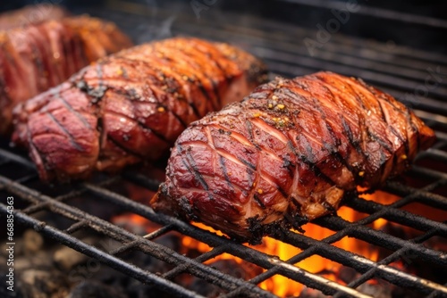 chunky wooden smoked meats resting on a grill grate