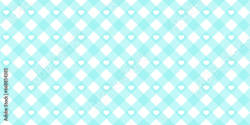 Gingham heart diagonal seamless pattern in blue pastel color. Vichy plaid design for Easter holiday textile decorative. Vector checkered pattern for fabric - picnic blanket, tablecloth, dress, napkin.