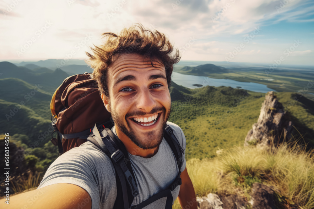 Young hiker man taking a selfie portrait on the top of a mountain. Happy young athletic man on an adventure, taking a photo with beautiful view