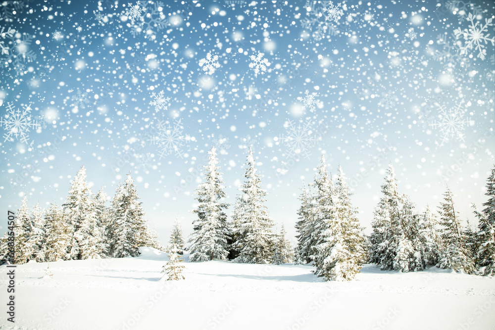 beautiful winter landscape with snowy fir trees