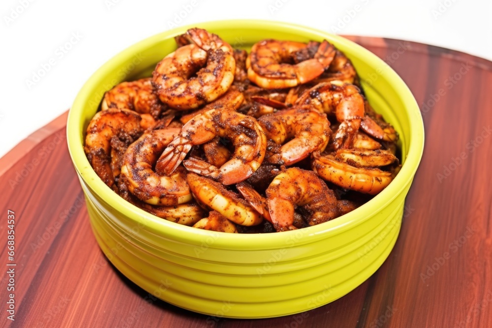 top angle of a bowl filled with bbq spiced shrimp top angle of a bowl filled with bbq spiced shrimp