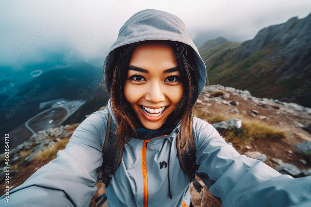 Young asian hiker woman taking a selfie portrait on the top of a mountain. Happy young athletic woman on adventure, taking a photo with beautiful view Young asian hiker woman taking a selfie portrait on the top of a mountain. Happy young athletic woman on adventure, taking a photo with beautiful view