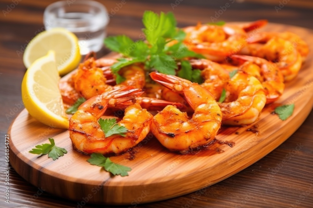 bbq spiced shrimp garnished with parsley on wooden platter