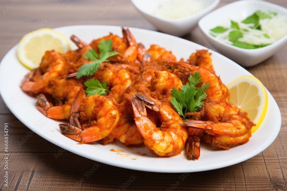 bbq spiced shrimp served on a white porcelain plate bbq spiced shrimp served on a white porcelain plate