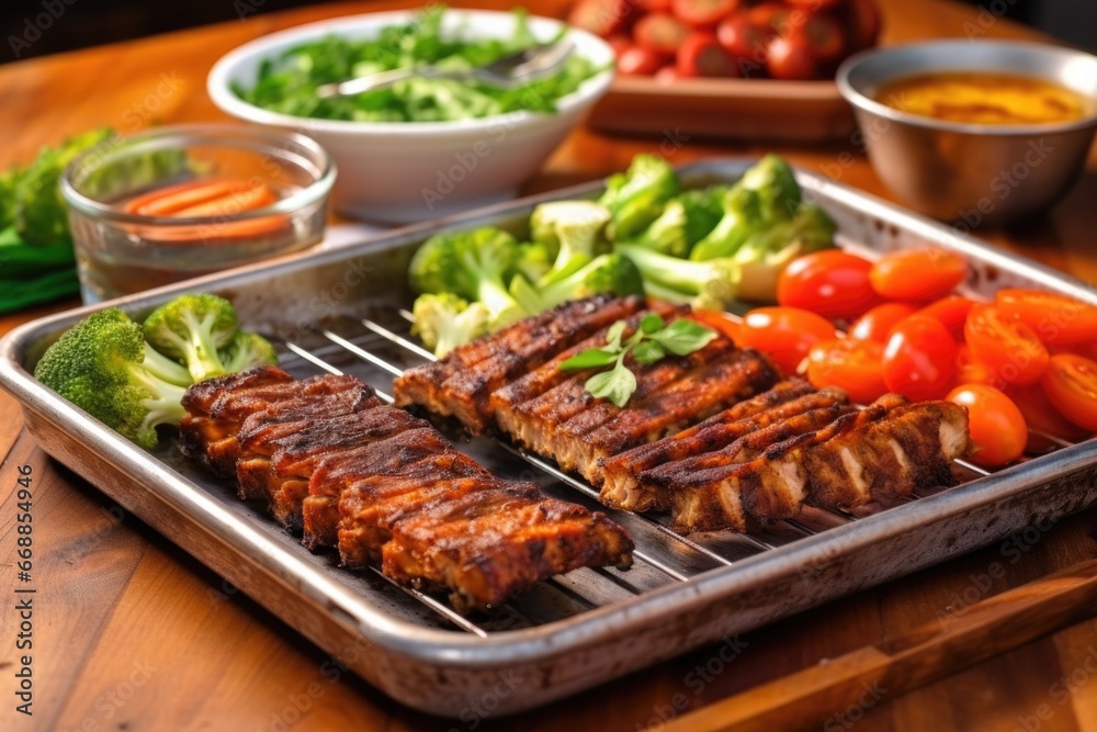 bamboo tray holding bbq tempeh ribs and vegetables