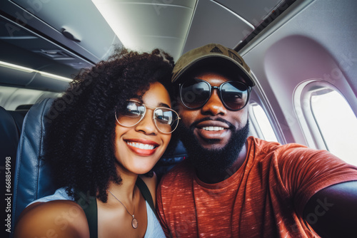 Happy black tourist couple taking a selfie inside an airplane. Positive young couple on a vacation taking a selfie in a plane before takeoff. © Katrin Kovac