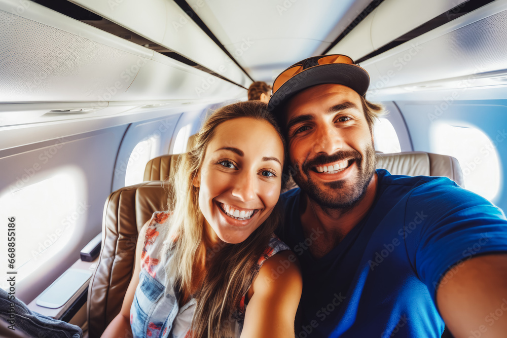 Happy tourist couple taking a selfie inside an airplane. Positive young couple on a vacation taking a selfie in a plane before takeoff.