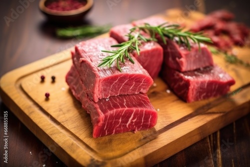 beef slices on a wooden chopping board