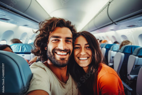 Happy tourist couple taking a selfie inside an airplane. Positive young couple on a vacation taking a selfie in a plane before takeoff.