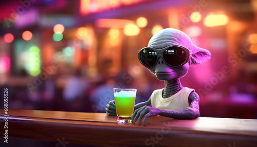 Alien in sunglasses with a glass of drink in a bar. photo