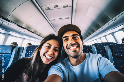 Happy latino tourist couple taking a selfie inside an airplane. Positive young couple on a vacation taking a selfie in a plane before takeoff.