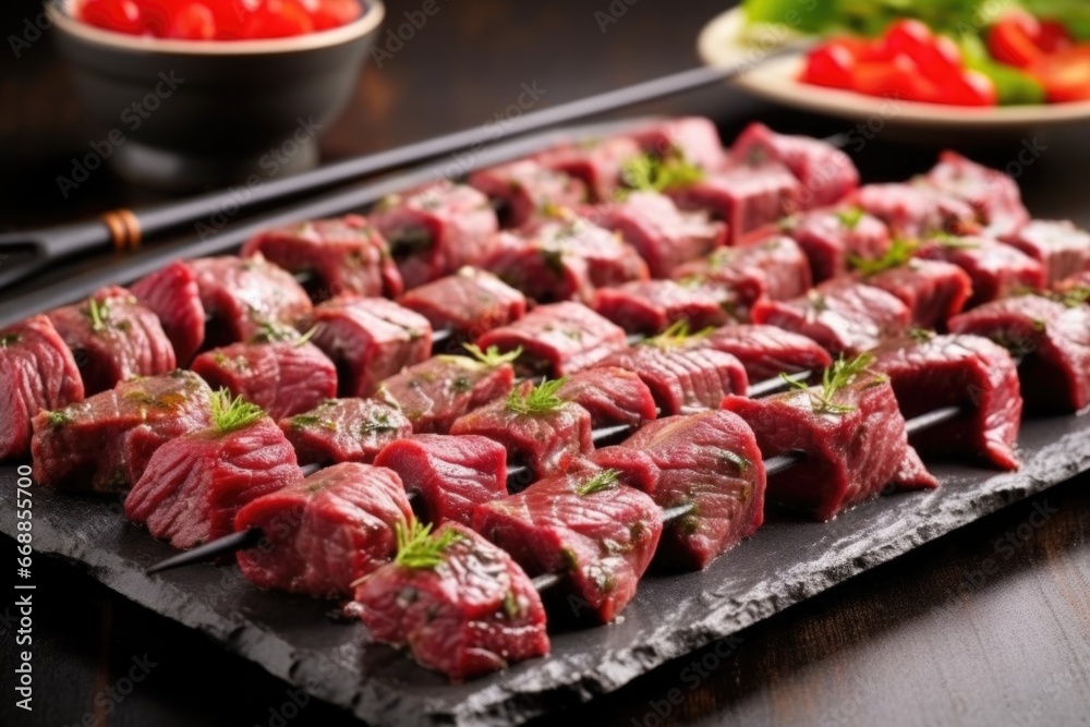 grilled beef skewers arranged in a pattern on a stone platter