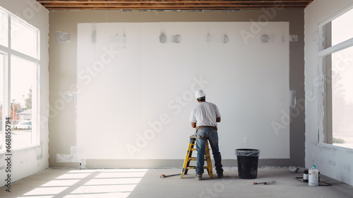 Man working as a taper at the job site of a luxury house photo