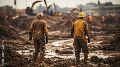 Worker with muddy uniform, worker with dirty area, worker working on construction site photo