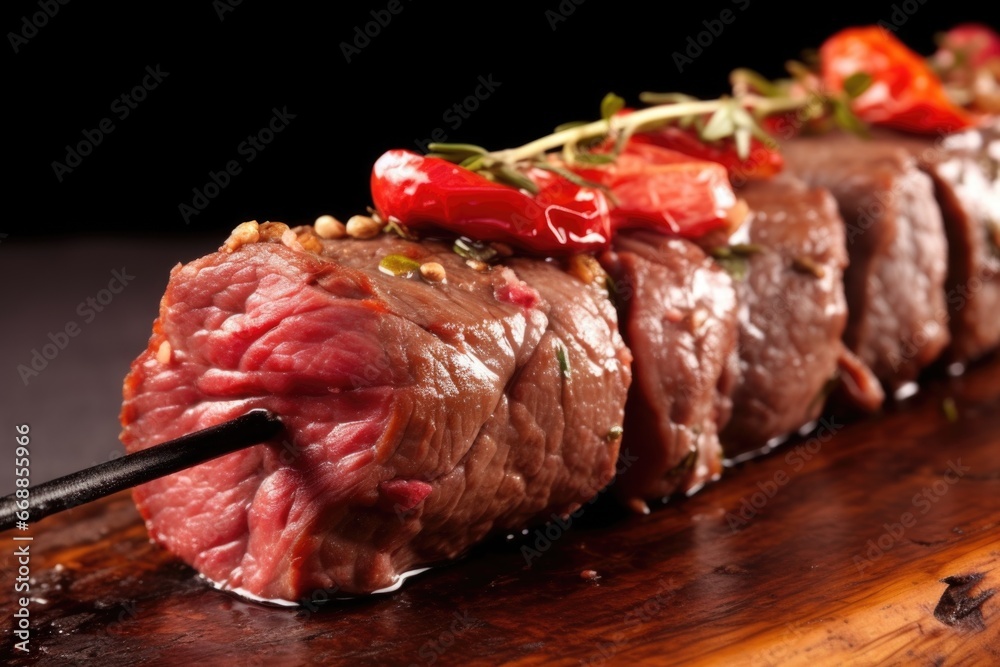 closeup of a beef skewer with a mushroom cap closeup of a beef skewer with a mushroom cap