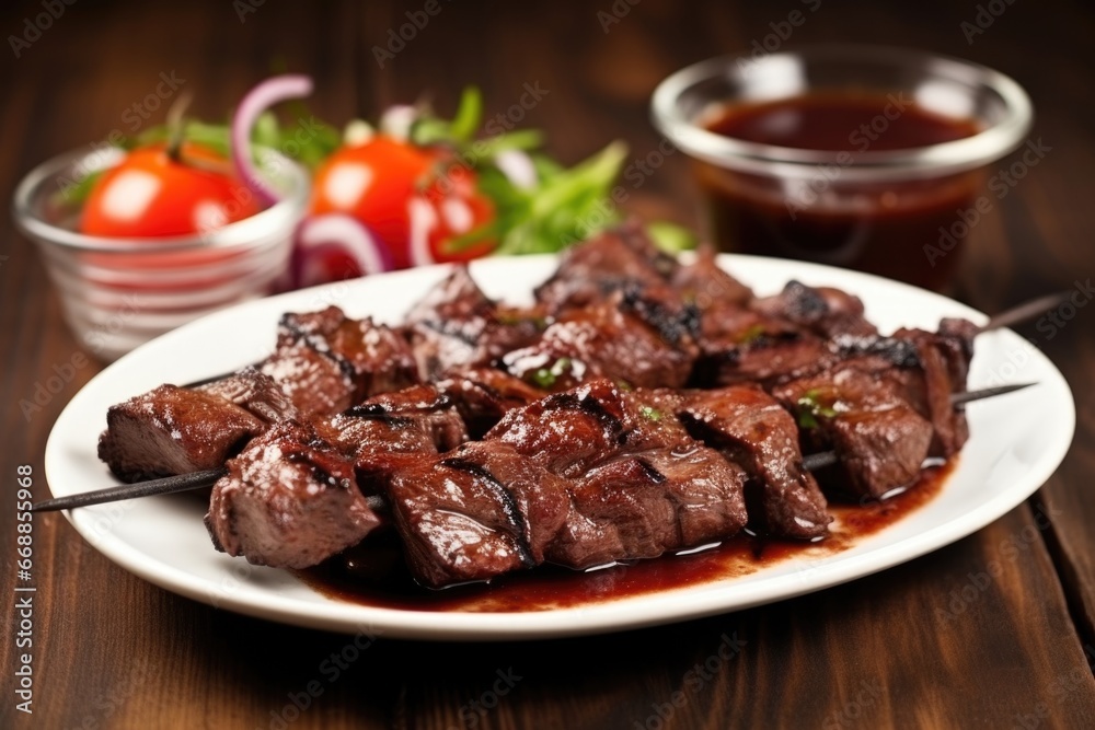 beef skewers with a side of barbecue sauce
