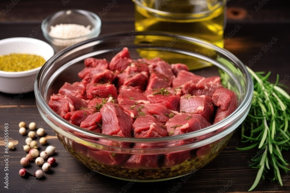 beef skewers ready for marinating in a bowl beef skewers ready for marinating in a bowl