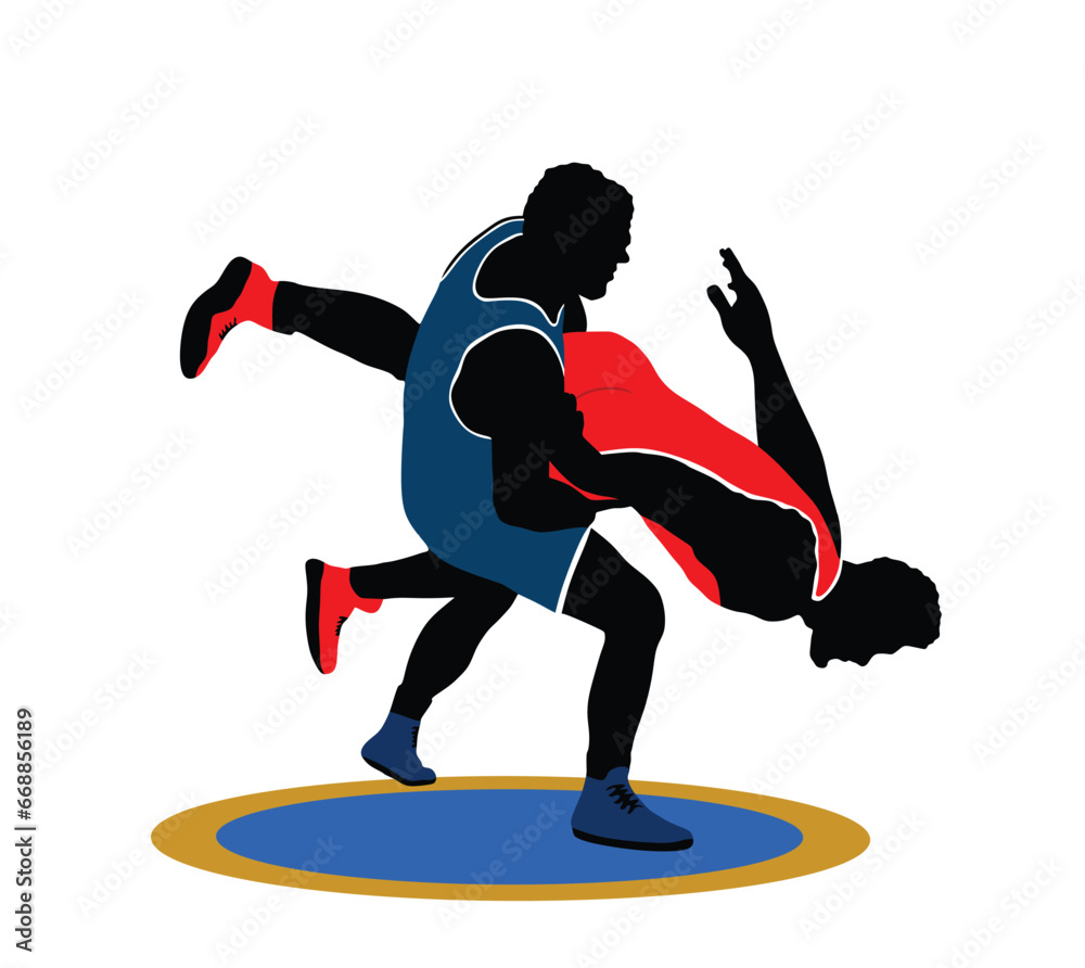 Wrestlers match competition, sports man wrestling vector silhouette illustration isolated on white. Gymnastic martial art. Fighter self defense skills. Wrestler game duel Greek Roman style of fight. - obrazy, fototapety, plakaty 