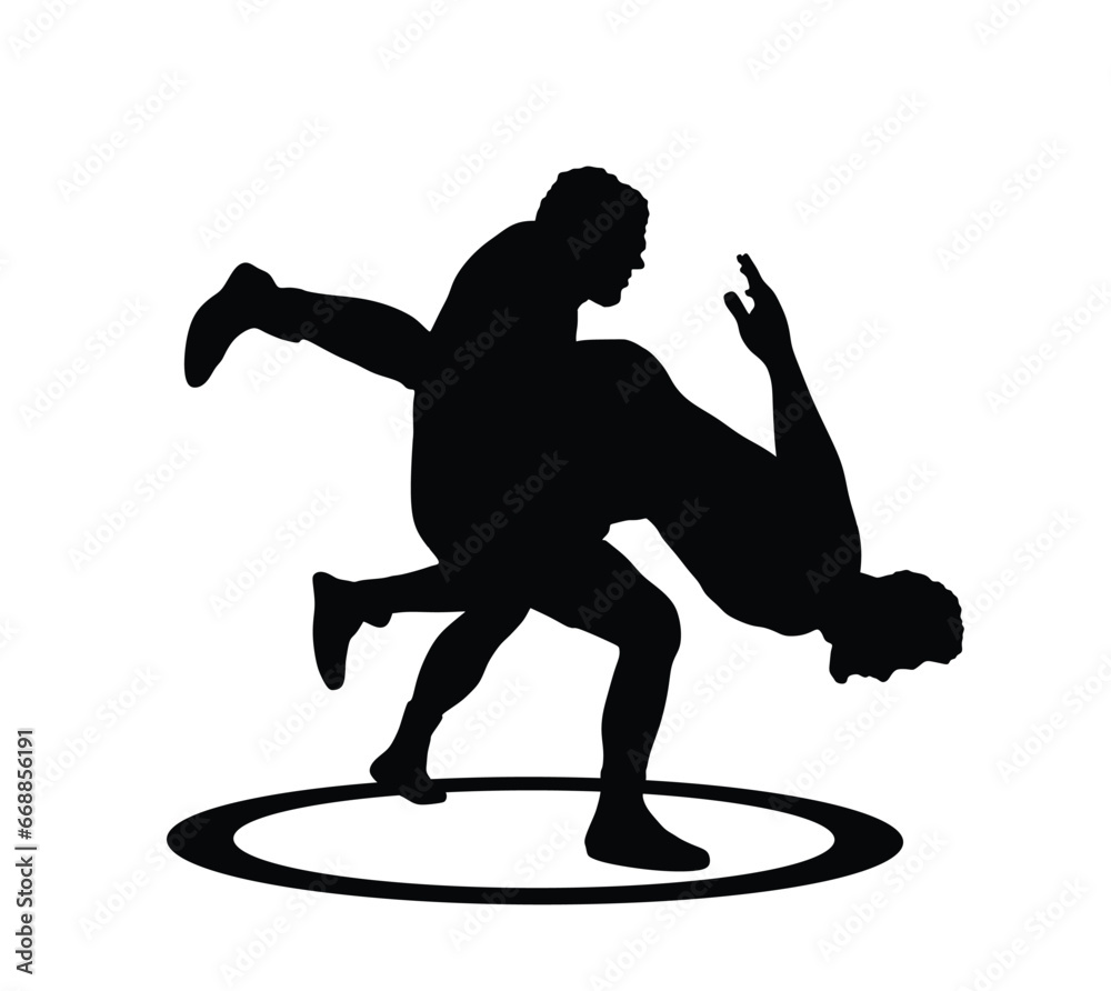Wrestlers match competition, sports man wrestling vector silhouette