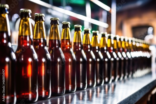 a variety of bottled beers lined up on an assembly line
