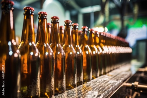 glistening beer bottles on a filling line in a brewery