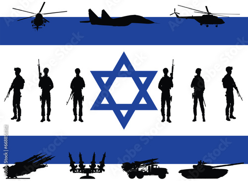 Israel army soldiers troops with rifles on duty vector silhouette illustration. Force with helicopter unit watch guard. Patriot against terrorism. Israel flag. Infantry, navy, missile, aviation force.