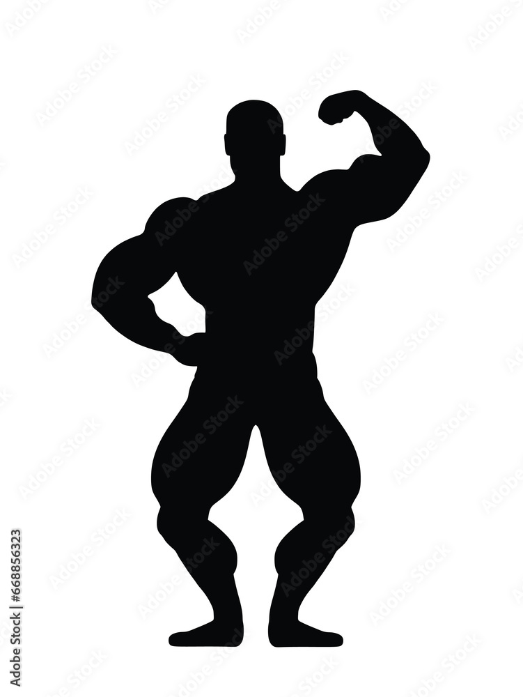 Muscular bodybuilder vector silhouette illustration isolated on white background. Sport man strong arms. Body builder athlete showing muscles. Boy with muscular body pose exhibition in competition.