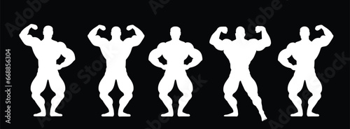 Muscular bodybuilder vector silhouette illustration isolated on black background. Sport man strong arms. Body builder athlete showing muscles. Boy with muscular body pose exhibition in competition.