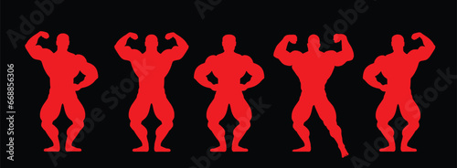 Muscular bodybuilder vector silhouette illustration isolated on black background. Sport man strong arms. Body builder athlete showing muscles. Boy with muscular body pose exhibition in competition.