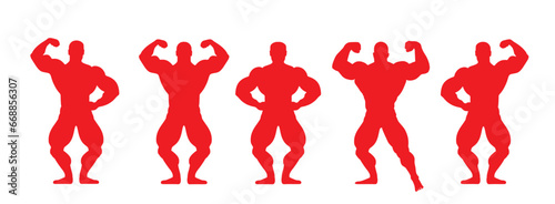 Muscular bodybuilder vector silhouette illustration isolated on white background. Sport man strong arms. Body builder athlete showing muscles. Boy with muscular body pose exhibition in competition.