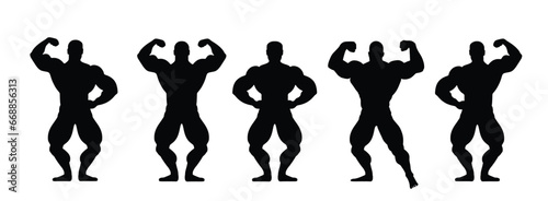 Muscular bodybuilder vector silhouette illustration isolated on white background. Sport man strong arms. Body builder athlete showing muscles. Boy with muscular body pose exhibition in competition.