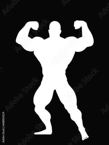 Muscular bodybuilder vector silhouette illustration isolated on black background. Sport man strong arms. Body builder athlete showing muscles. Boy with muscular body pose exhibition in competition.