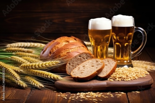 bavarian pretzels on a wooden board next to wheat beer photo