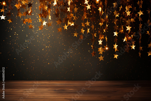 Gold Stars Party backdrop sparkling on dark background.