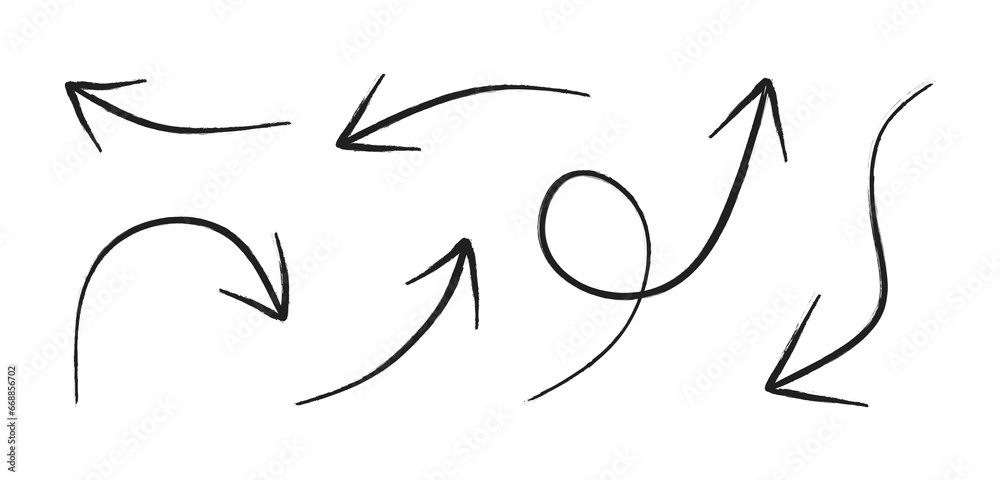 Set of Hand drawn vector arrows. Collection of curved arrows in different directions isolated on white background. Direction pointers in curved and wavy brush strokes with scratches. Vector Set of Hand drawn vector arrows. Collection of curved arrows in different directions isolated on white background. Direction pointers in curved and wavy brush strokes with scratches. Vector