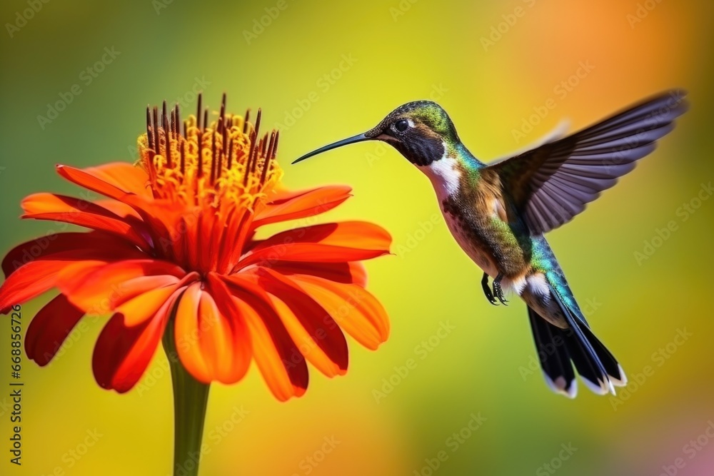 Fototapeta premium close-up of a hummingbird hovering near a bright flower