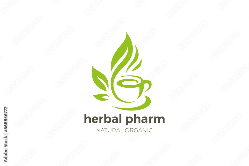 Tea Cup Leaves Logo Herbal Vector Design template.